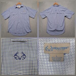 Realtree Fishing Button Up Shirt Men's L Blue Gingham Short Sleeve Vented